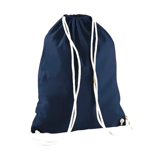 French navy blue drawstring cotton gymsac with custom logo print, 140 g/m²