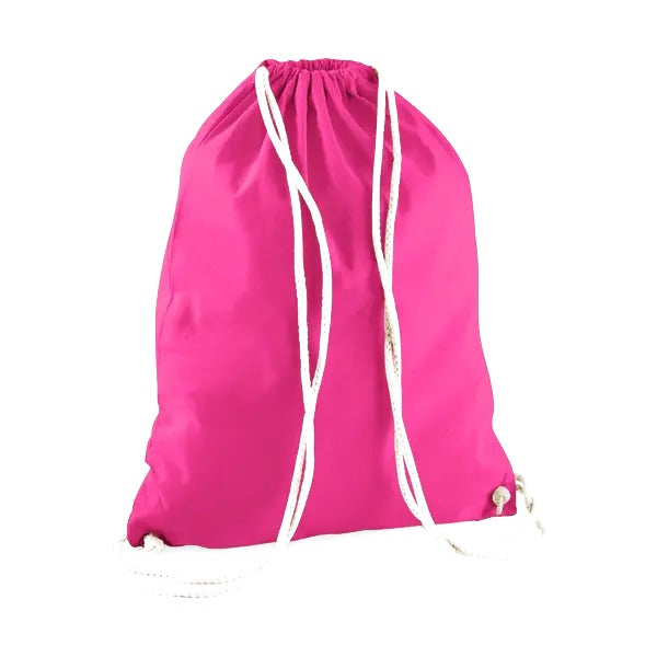 Fuchsia pink drawstring cotton gymsac with custom logo print, 140 g/m²