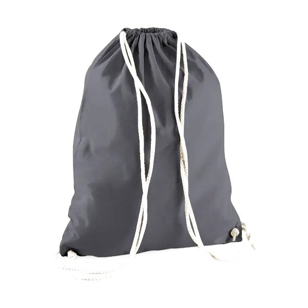 Graphite dark grey drawstring cotton gymsac with custom logo print, 140 g/m²