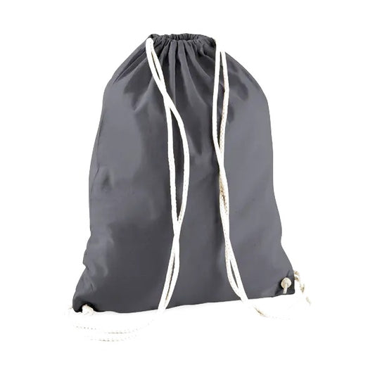 Graphite dark grey drawstring cotton gymsac with custom logo print, 140 g/m²
