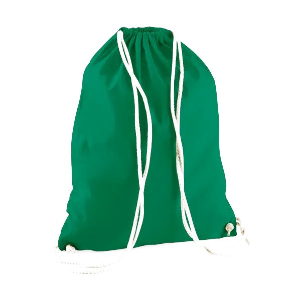 Kelly green drawstring cotton gymsac with custom logo print, 140 g/m²