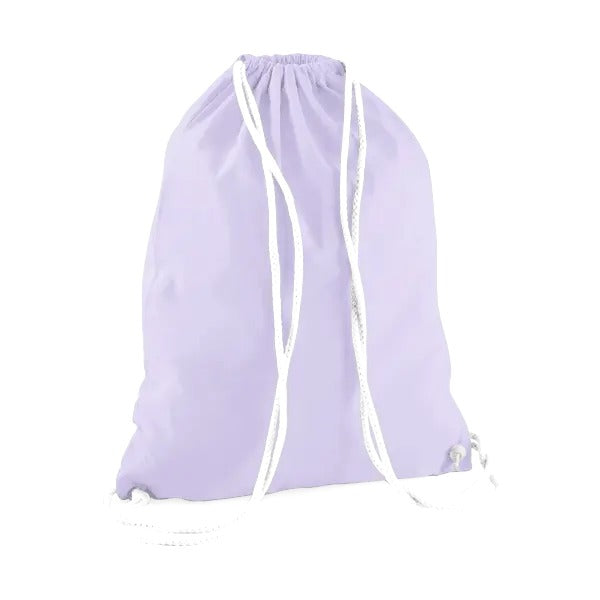 Lavender purple drawstring cotton gymsac with white cords and custom logo print, 140 g/m²
