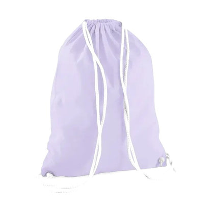 Lavender purple drawstring cotton gymsac with white cords and custom logo print, 140 g/m²