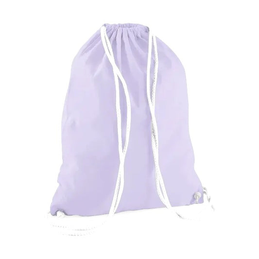 Lavender purple drawstring cotton gymsac with white cords and custom logo print, 140 g/m²