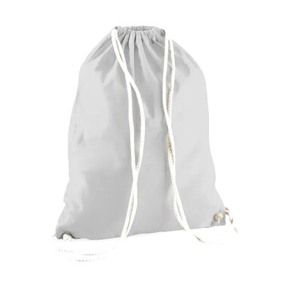 Light grey drawstring cotton gymsac with custom logo print, 140 g/m²