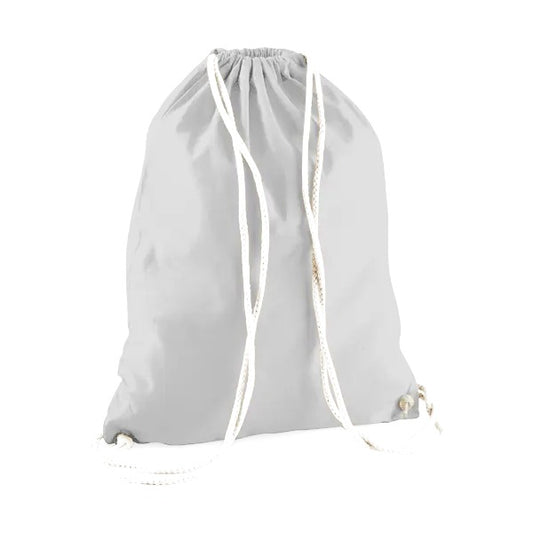 Light grey drawstring cotton gymsac with custom logo print, 140 g/m²