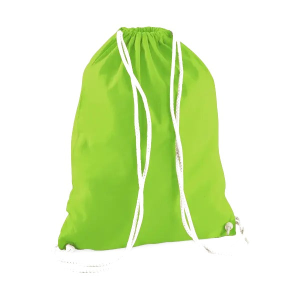 Lime green drawstring cotton gymsac with custom logo print, 140 g/m²