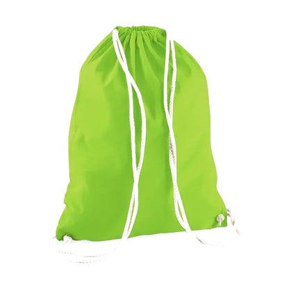 Lime green drawstring cotton gymsac with custom logo print, 140 g/m²