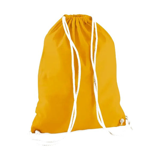 Mustard yellow drawstring cotton gymsac with custom logo print, 140 g/m²