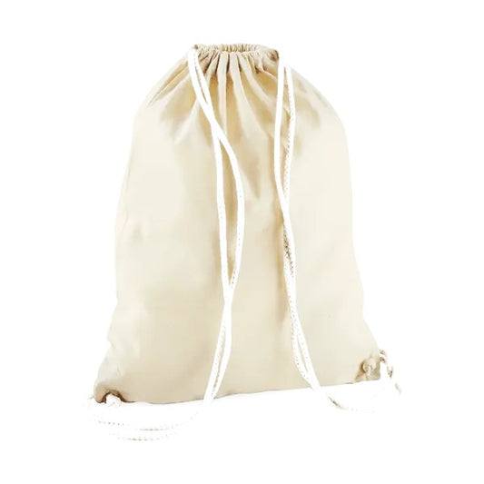 Natural white drawstring cotton gymsac with custom logo print, 140 g/m²