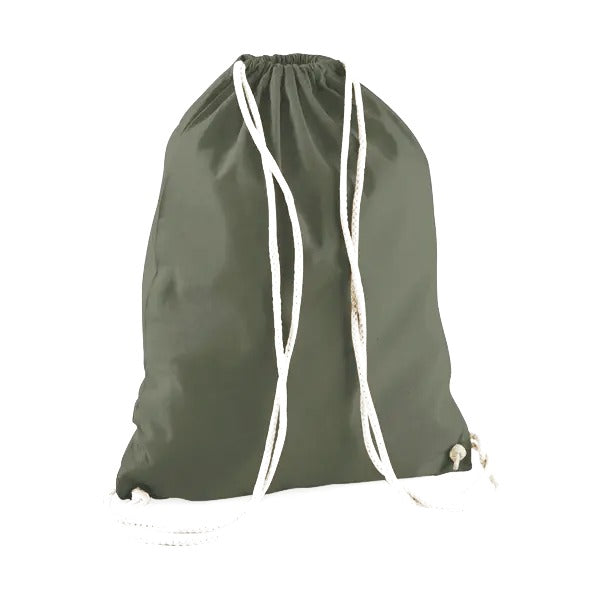 Olive green drawstring cotton gymsac with custom logo print, 140 g/m²