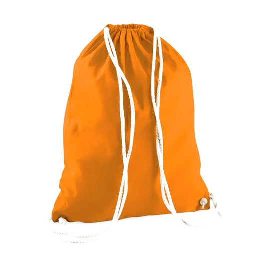 Orange drawstring cotton gymsac with custom logo print, 140 g/m²
