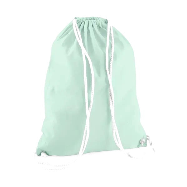 Pastel mint green drawstring cotton gymsac with white cords and custom logo print, 140 g/m²