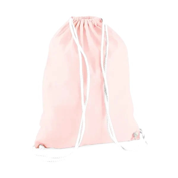 Pastel pink drawstring cotton gymsac with white cords and custom logo print, 140 g/m²