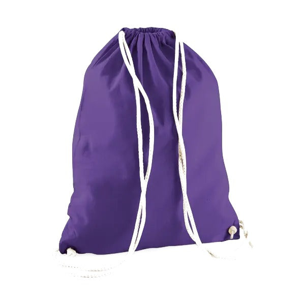 Purple drawstring cotton gymsac with custom logo print, 140 g/m²