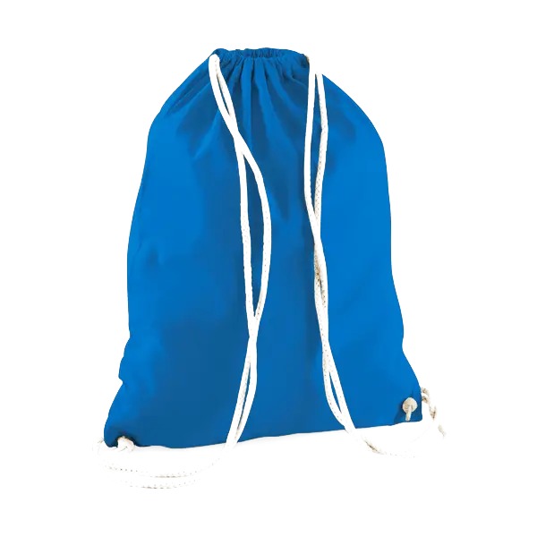 Sapphire blue drawstring cotton gymsac with custom logo print, 140 g/m²