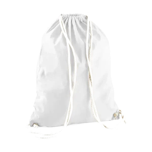 Snow white drawstring cotton gymsac with custom logo print, 140 g/m²