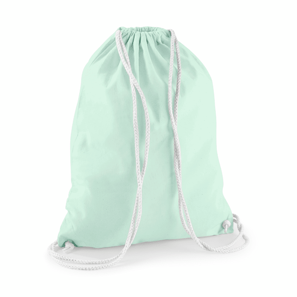 Drawstring Cotton Gymsac with Custom Print - Pastel Mint Green - White