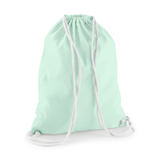 Drawstring Cotton Gymsac with Custom Print - Pastel Mint Green - White