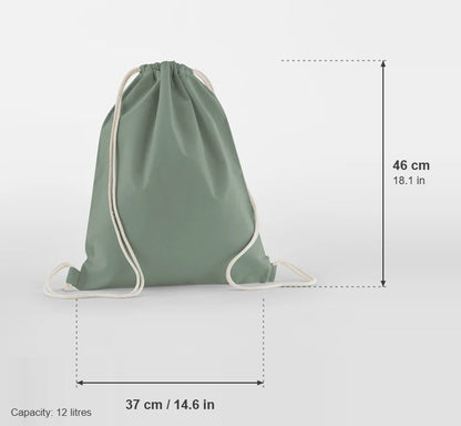 Dusty green organic cotton gymsac, 140 g/m², with measurements: 37 cm wide, 46 cm high, 12 litres