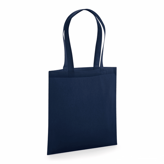 French Navy Blue GOTS certified organic premium cotton tote bag with long handles and custom logo print, 200 g/m², 38 × 42 cm