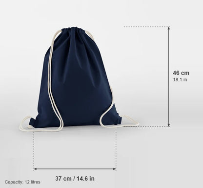 French navy organic cotton gymsac, 140 g/m², with measurements: 37 cm wide, 46 cm high, 12 litres