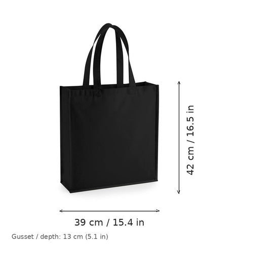 Bolsa de lona Gallery con fuelles negra con estampado personalizado, 407 g/m², 39 × 42 cm con fuelle de 13 cm, con medidas de ancho y alto