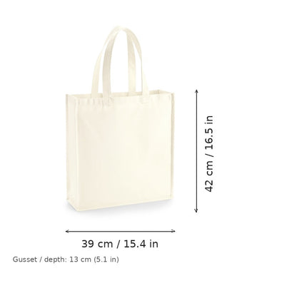 Borsa in tela Gallery con soffietti naturale con stampa personalizzata, 407 g/m², 39 × 42 cm con soffietto da 13 cm, con misure di larghezza e altezza