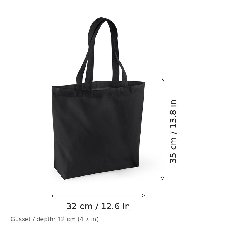 Shopper in cotone biologico nera con soffietto e stampa personalizzata, certificata GOTS, 170 g/m², 32 × 35 cm con soffietto da 12 cm, con misure di larghezza e altezza