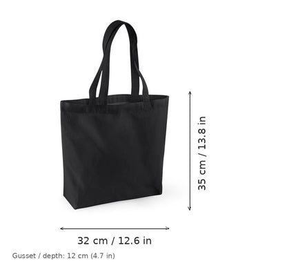 Shopper in cotone biologico nera con soffietto e stampa personalizzata, certificata GOTS, 170 g/m², 32 × 35 cm con soffietto da 12 cm, con misure di larghezza e altezza