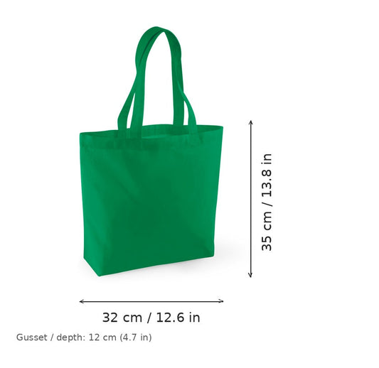 Bolsa shopper de algodón orgánico verde Kelly con fuelle y estampado personalizado, certificada GOTS, 170 g/m², 32 × 35 cm con fuelle de 12 cm, con medidas de ancho y alto