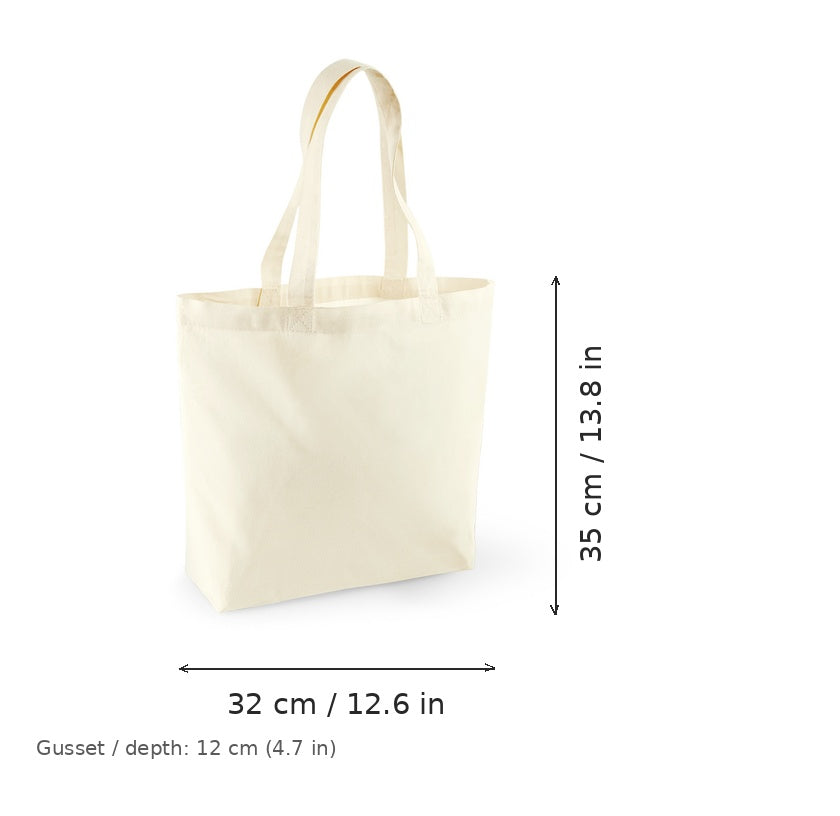 Shopper in cotone biologico bianco naturale con soffietto e stampa personalizzata, certificata GOTS, 170 g/m², 32 × 35 cm con soffietto da 12 cm, con misure di larghezza e altezza