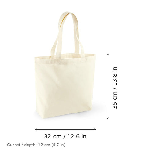 Bolsa shopper de algodón orgánico blanco natural con fuelle y estampado personalizado, certificada GOTS, 170 g/m², 32 × 35 cm con fuelle de 12 cm, con medidas de ancho y alto