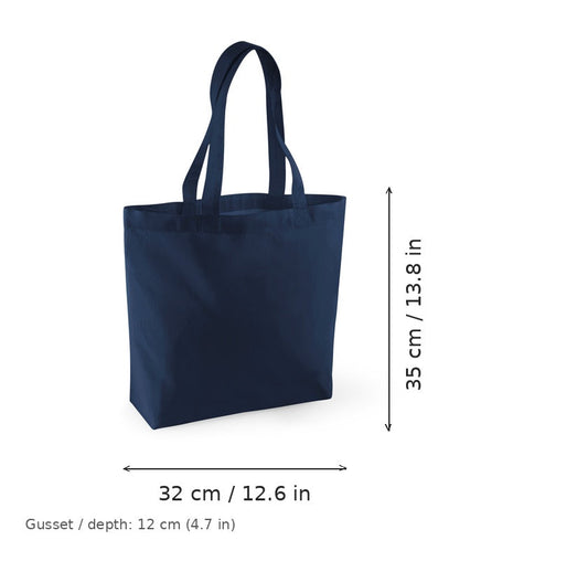 Bolsa shopper de algodón orgánico azul marino con fuelle y estampado personalizado, certificada GOTS, 170 g/m², 32 × 35 cm con fuelle de 12 cm, con medidas de ancho y alto