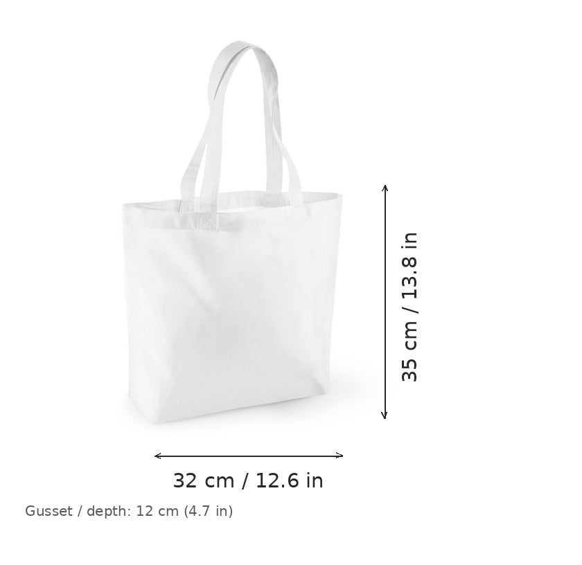 Shopper in cotone biologico bianca con soffietto e stampa personalizzata, certificata GOTS, 170 g/m², 32 × 35 cm con soffietto da 12 cm, con misure di larghezza e altezza