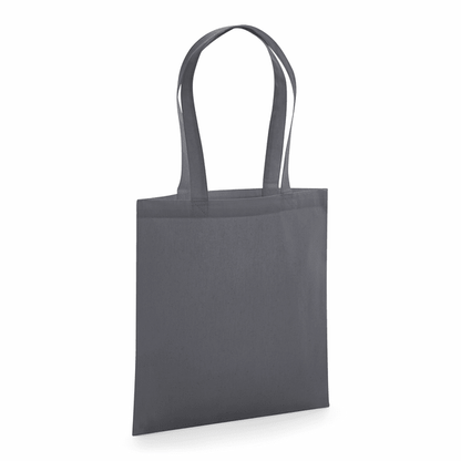 Borsa in tela di cotone biologico premium grigio grafite certificata GOTS con manici lunghi e stampa del logo personalizzata, 200 g/m², 38 × 42 cm