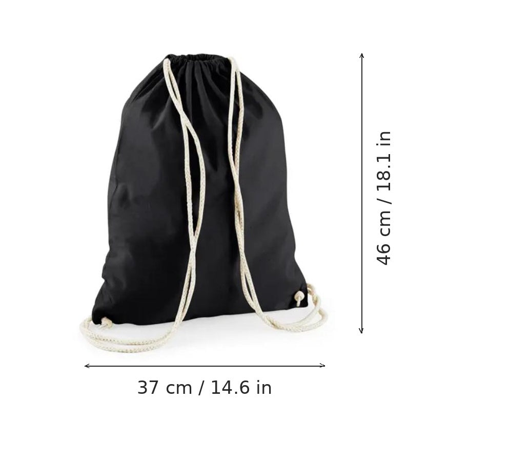 Mochila saco de algodón negra con cordón y estampado personalizado, 140 g/m², 37 × 46 cm, mostrada con medidas de ancho y alto