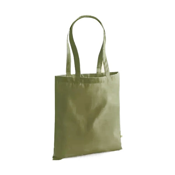 Bright olive green heavyweight organic cotton tote bag with long handles and custom logo print, 340 g/m², 38 × 42 cm