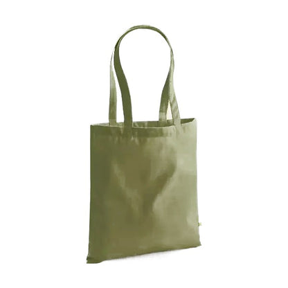 Bright olive green heavyweight organic cotton tote bag with long handles and custom logo print, 340 g/m², 38 × 42 cm
