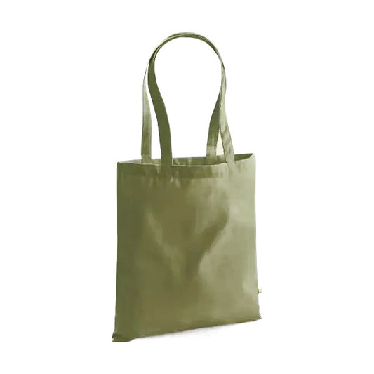 Bright olive green heavyweight organic cotton tote bag with long handles and custom logo print, 340 g/m², 38 × 42 cm