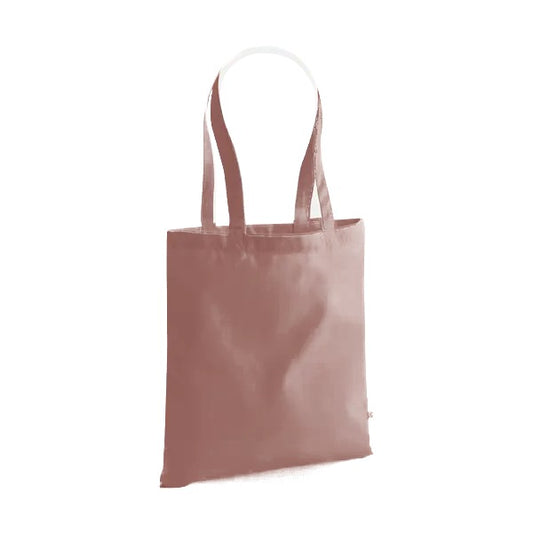 Rose pink heavyweight organic cotton tote bag with long handles and custom logo print, 340 g/m², 38 × 42 cm