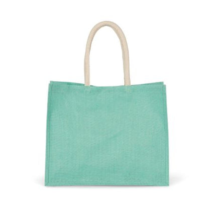Detalle de bolsa de playa de yute verde menta hielo, 330 g/m²