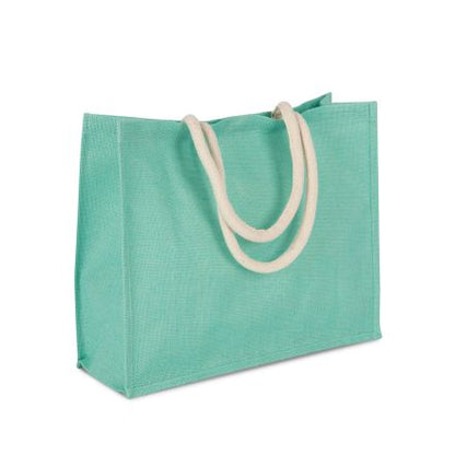 Bolsa de playa de yute verde menta hielo con estampado personalizado, 42 × 35 cm, 330 g/m², asas de algodón