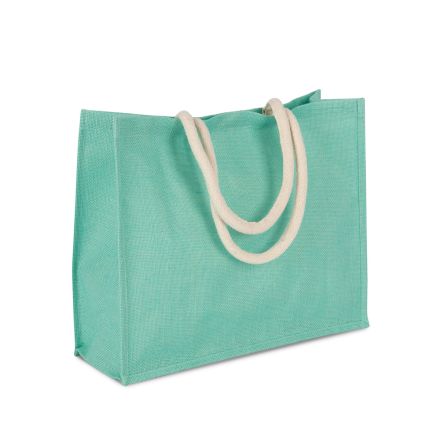 Ice Mint Green jute beach bag with custom print, 42 × 35 cm, 330 g/m², cotton handles