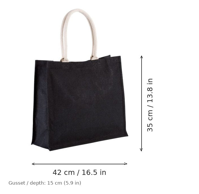 Borsa mare in juta nera con stampa personalizzata, 330 g/m², 42 × 35 cm con soffietto da 15 cm, con misure di larghezza e altezza