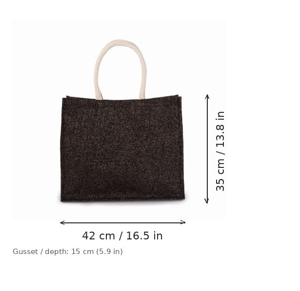 Borsa mare in juta nera e argento con stampa personalizzata, 330 g/m², 42 × 35 cm con soffietto da 15 cm, con misure di larghezza e altezza