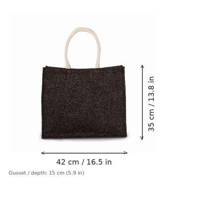 Borsa mare in juta nera e argento con stampa personalizzata, 330 g/m², 42 × 35 cm con soffietto da 15 cm, con misure di larghezza e altezza