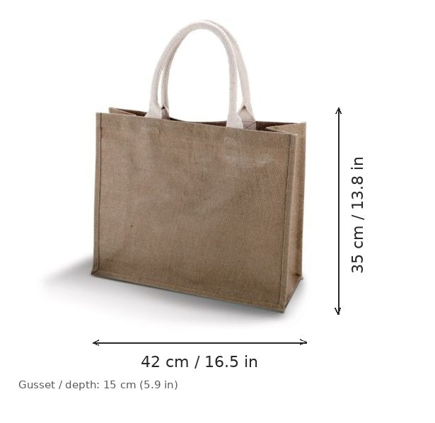 Bolsa de yute para playa marrón capuchino con estampado personalizado, 330 g/m², 42 × 35 cm con fuelle de 15 cm, con medidas de ancho y alto