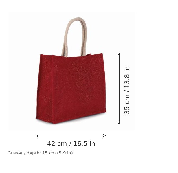 Borsa mare in juta rosso ciliegia e oro con stampa personalizzata, 330 g/m², 42 × 35 cm con soffietto da 15 cm, con misure di larghezza e altezza