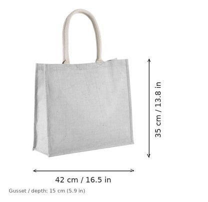 Borsa mare in juta grigio freddo con stampa personalizzata, 330 g/m², 42 × 35 cm con soffietto da 15 cm, con misure di larghezza e altezza